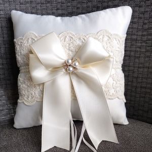 Ring Bearer Wedding Pillow Beaded and Lace, Cream, 7.5x7.5 Inches Faux Pearl